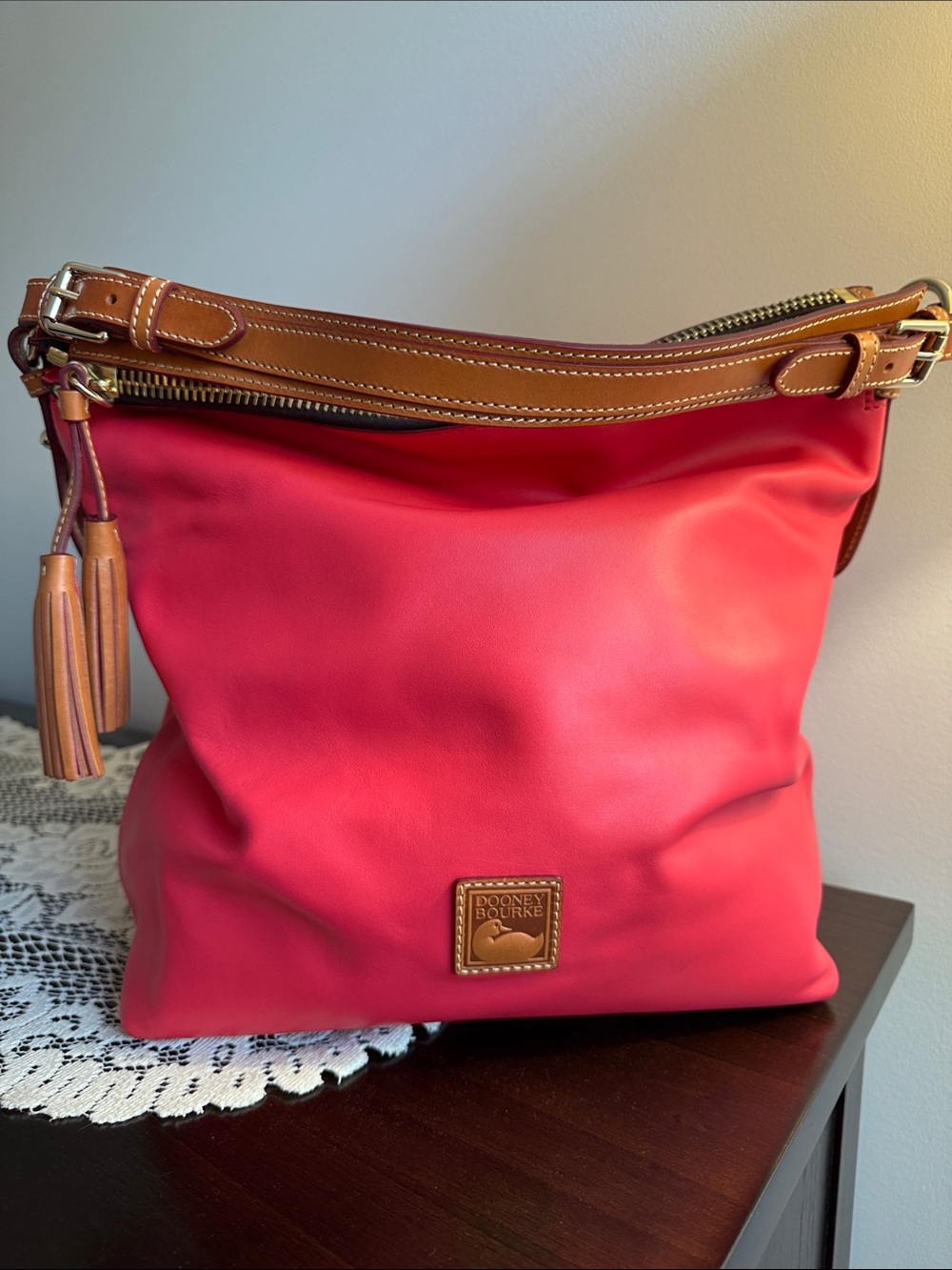 Dooney & Bourke Smooth Leather Hobo with Tan Leather Trim in Geranium